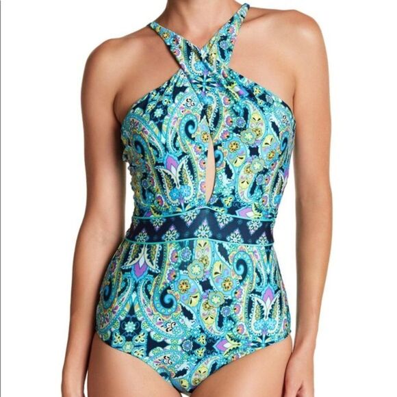 Laundry Ladies Med Teal Printed One Piece Swimsuit - Picture 1 of 4